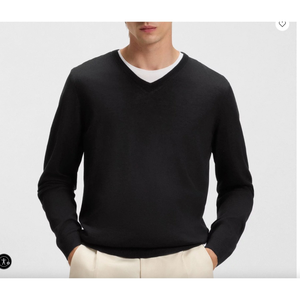 BOSS Hugo Boss 100% Virgin Wool V-Neck Sweater Slim Fit Men Large‎ Black $180